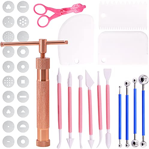 Swpeet 36Pcs Blå lera extruder pistol Fondant sockerpasta extruder lera tårta skulpturpistol, boll stylus prickning verktyg med plastskrapa, tårta dekorera leveranser modelleringsverktyg (Rose Guld)