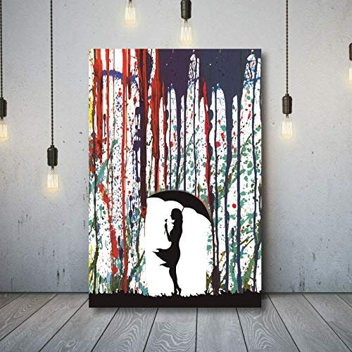 LLNN Banksy farbige Regen Leinwand Gemälde Bild, Mädchen mit Regenschirm Thema Poster Drucke für Wohnzimmer Home Wanddekoration 50x70cm mit Rahmen