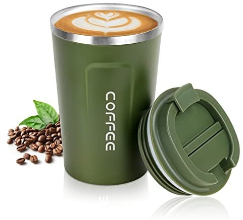 flintronic Coffee Mug, 380ml Insulated Travel Coffee Mug Leakproof Lid, Stainless Steel Thermos Bottle, Coffee Cup Hermetic Thermal Travel Mug Reusable with a Brush - Green