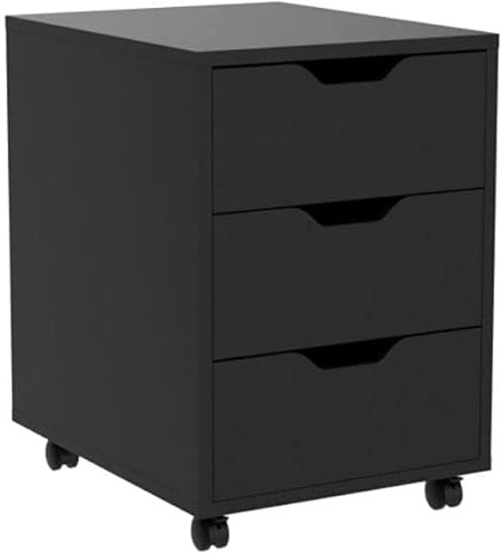 Bürocontainer mit 3 Schubladen, Rollcontainer unter Schreibtisch,Büroschrank für Dokumente, auch als Druckertisch, mobiler Aktenschrank aus MDF (Nicht Abschließbar, Schwarz)