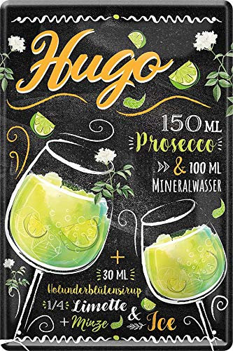 Blechschild ''Hugo (2 Gläser. Zutatenliste)'' 20x30cm Geschenk Lustige Sprüche Feier Vintage Retro Geburtstag Deko Party Überraschung Fan Alkohol Cocktail Bier Sekt Getränk