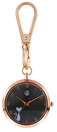 JewelryWe Katze Uhr mit Karabiner Schlüsselanhänger: Damen Karabineruhr süße Cartoon Katze Analog Quarz Taschenuhr mit Schwarz Rundem Zifferblatt und Rosegold Gehäuse