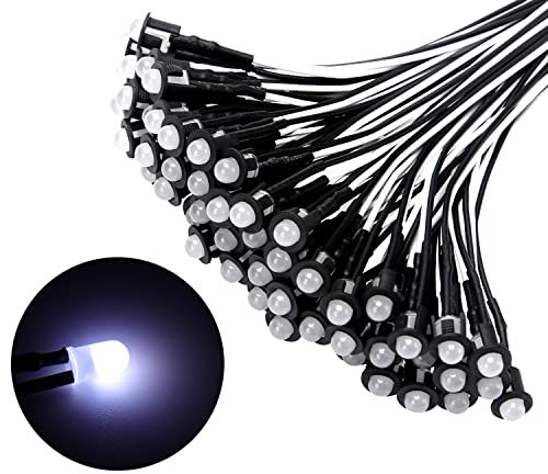 Lyeteung 50 Stücke 5mm 12V Vorverdrahtete LED Dioden Licht, Weiß, 5mm LED Diffuse Emittierende Leuchtdiode mit 20cm Kabel + 50 Stücke 5mm Plastik LED Dioden Halter