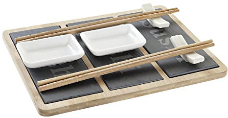 DKD Home Decor Set de Sushi Color Negro y Natural, de bambú y Pizarra (25 x 19 x 3 centímetros)