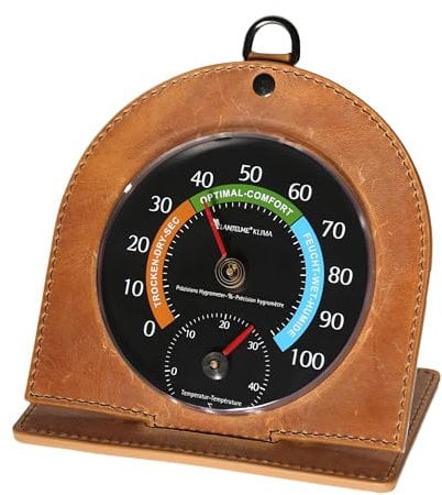 Lantelme Kombi Hygrometer Thermometer im edlen Lederrahmen Braun für Präzise Raumklimakontrolle | Stromlos und Wartungsfrei | Zimmer Temperatur und Luftfeuchtemesser für Innenräume | Deko Geschenkidee