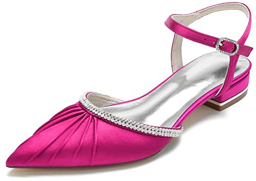 Sandali da sposa in raso con cinturino alla caviglia, ballerine chiuse punta punta da sposa, Fucsia, 40 EU
