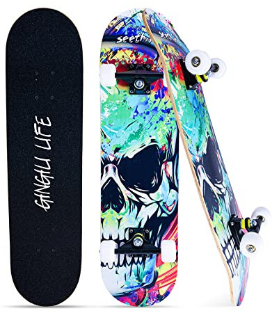 Skateboards für Erwachsene, Jugendliche, Teenager, Mädchen, Jungen, Anfänger, Profi, 78,9 x 20,3 cm, 7-lagiges Ahorn, Doppel-Kick-Konkav, faszinierend cool, solide und langlebig (Totenkopf)