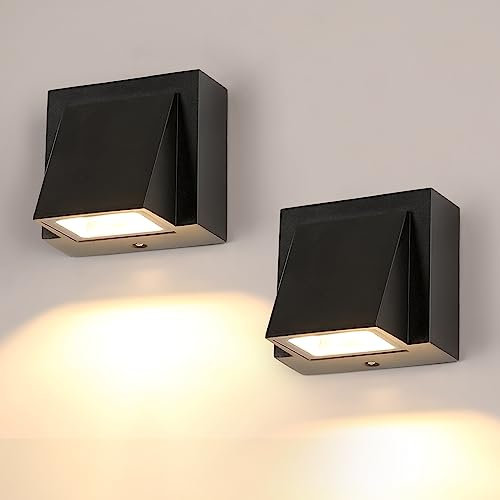 Comely 2 Stücke LED Wandleuchte Innen/Außen IP65 Wasserdichte, 5W COB Quadratische Wandlampe Innen Schwarz, 3000K Warmweiß LED Außenwandleuchte für Wohnzimmer, Schlafzimmer, Garagen