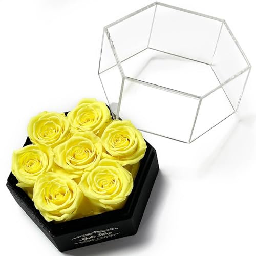 Kylin Glory Roses préservées avec couvercle hexagonal en acrylique – 7 fleurs éternelles, fraîcheur visible, parfaites pour les mères et les cadeaux de Saint-Valentin (jaune)
