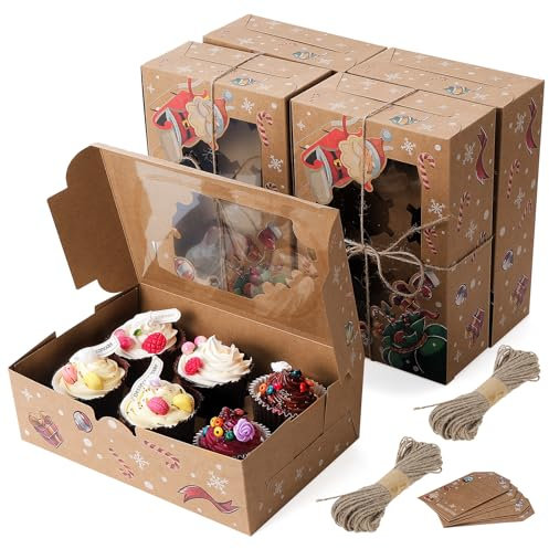Fippy 20 Stück Weihnachten Cupcake Box 6er mit Sichtfenster, Weihnachten 6 Loch Cupcake Muffin Box, Weihnachten Geschenkboxen Cupcake Schachtel Box für Cupcakes Desserts Keksen