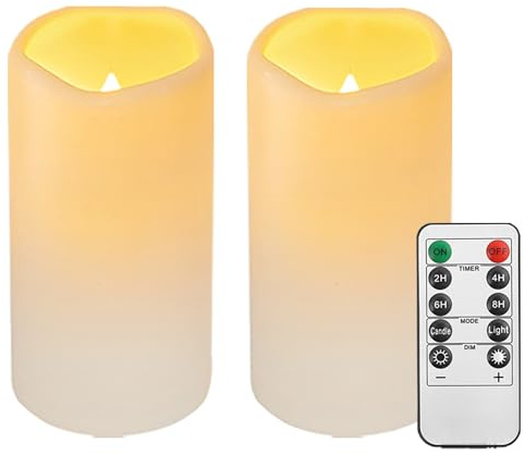 Biyanuo 2PACK Outdoor Plastic flameless Candles with Remote Control and Timer, LED Flickering Battery Operated Electric Pillar Candles (D3 xH5.5) for Camping, Weddings, Home Decoration