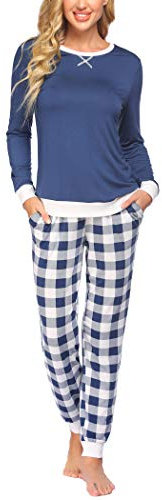 Ekouaer Pyjama Carreaux Femme Vêtements de Nuit Longue Pijama Plaid Manche Longue Enseblems de Pyjama Chic 2 Pièce Coton