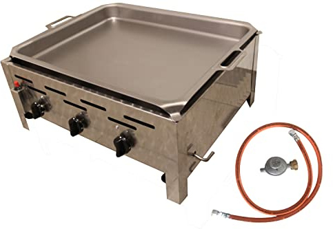 BSR-Grillen 3-flammiger Profi Gasgrill aus Edelstahl, stufenlos regelbar, Gasbräter, Gastrogrill, Gastrobräter mit Gasschlauch und Druckminderer (Gasgrill 13,5 KW | Emaillie-Pfanne)