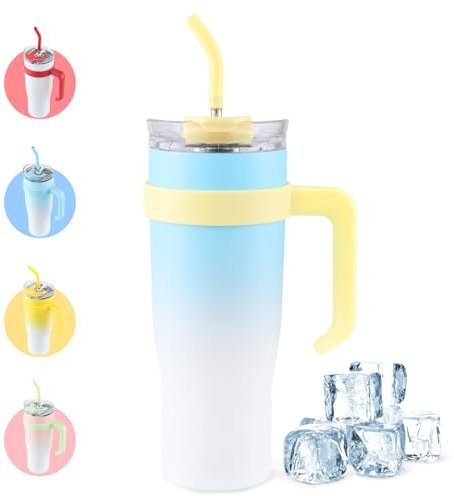 PRAOAHEI 40oz Thermobecher mit Strohhalm und Henkel,1180 ML Heiße Kalte Getränke Vakuum Trinkbecher mit Deckel und Strohhalm Kaffeebecher für Zuhause Reisen(Blau-Weiß)