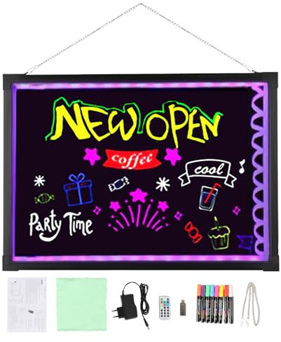 LED Schreibtafel, 50cm x 70cm Leuchtende Werbetafel mit Fernbedienung und 8 Neon-Stifte, DIY-Design Leuchttafel für Café Bar Restaurant Hochzeit