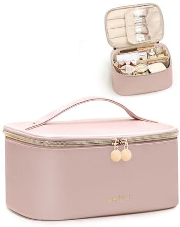 Prite Groß Kosmetiktasche für Damen Reise Kulturtasche aus Wasserdichtem Leder Tragbare Kulturbeutel oder Make Up Tasche mit Griff und Abnehmbarem Trenner (Rosa)