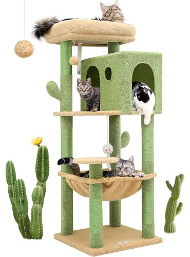 Globlazer F49C Cactus Cat Tower for Indoor Cats, Cactus Series 49inch Cat Climbing Tower Cat Tree with Hammock, Scratching Post, Large Cat Condo House, Cactus Green