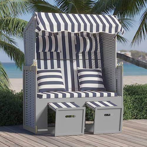 HEFZGDB Strandkorb mit Kissen Poly Rattan und Massivholz Blau & Weiß Feldbett Gartenliege Strandkorb Geeignet für Pool, Terrasse, Garten.