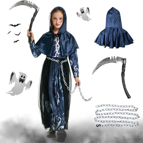 Joellfuner Costume Halloween Bambina Morte, Costume da Grim Reaper Ragazza con Catena in Vita e Falce Giocattolo Costume da Scheletro Mietitore Vestito Bambino Vestito Nero la Morte (10-12 anni)