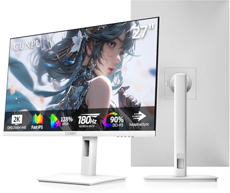 CUNPU - 27 Gaming Monitor, White 180/200Hz, QHD 2560x1440, Fast IPS PC Monitor, Adaptive Sync, 100% sRGB, HDR10, Built-in Speaker, Swivel/Tilt Height
