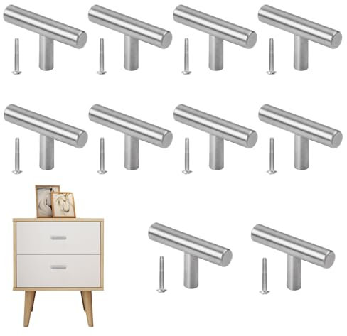Dokeno 10 Piezas Tiradores Cocina de Acero Inoxidable, 5×3.2cm Tiradores Acero Inoxidable T en Forma con tornillos para muebles de dormitorio gabinete, plata