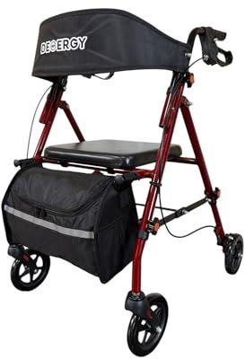 DEMERGY® Déambulateur Pliable Léger pour Personnes Âgées avec Siège Épais et Dossier 4 Roues Tout-Terrain Freins Manuels Hauteur Réglable Inclus Sac à Dos Idéal pour Séniors Personnes à Mobilité Rédu