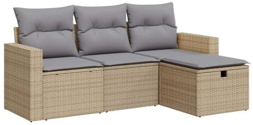 vidaXL 4-TLG. Garten-Sofagarnitur mit Kissen Beige Poly Rattan, Outdoor Sofa Set, Outdoor Sofagarnitur, Garten-Lounge-Set, Garten Sofagarnitur