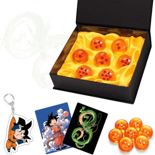 Byhotome Dragon Balle,1 à 7 Etoiles Boules de Cristal Boules de Dragon avec Porte-clés,Carte d'Invocation de Shenlong,4.3CM DBZ Boules à Collectionner pour Fête Costumée,Les Anniversaires et Noël
