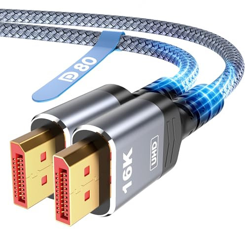 Highwings Cable Displayport de 80 Gbps 2.1 6.6 pies, 16K @60Hz, 8K @120Hz, 4K @240Hz, DP 2.1 Cable trenzado de 16K, compatible con HDR10 DSC 1.2a, G-Sync FreeSync Gaming PC, monitor de juegos 5090