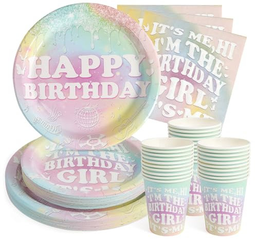 PARTY GO Partygeschirr 96 Stück Rosa Kinder Geburtstag Party Teller Party Supplies Set enthält Pappteller Servietten Besteck für Geburtstagsfeier Dekorationen Baby-Dusche-24 Gäste