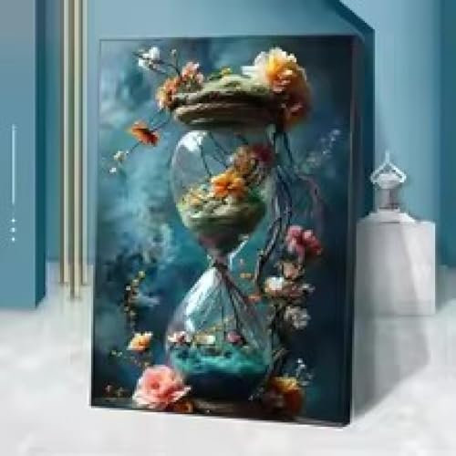 XBTYKPB Sanduhr- und Blumen-Posterdrucke für Wohnzimmer, Heimdekoration, antike Uhr, Leinwandbilder, Gemälde, Wandkunst, 50 x 70 cm, Rahmen