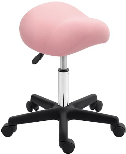 HOMCOM Saddle Stool, PU Leather Adjustable Rolling Salon Chair with Steel Frame for Massage, Spa, Beauty and Tattoo, Pink