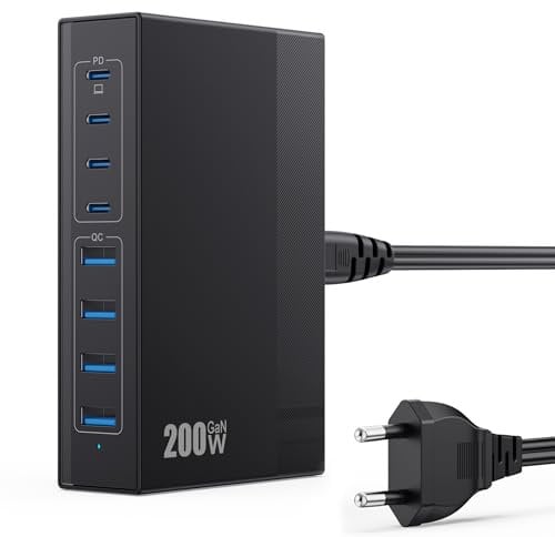 200W Chargeur USB C Multiple, 8 Ports Station de Charge GaN III Tech Chargeur Secteur, 65W Chargeur Rapide Prise avec 4 PD Type-C et 4 QC USB-A pour iPhone 16 15 14 13,Laptop,MacBook Pro,iPad,Samsung