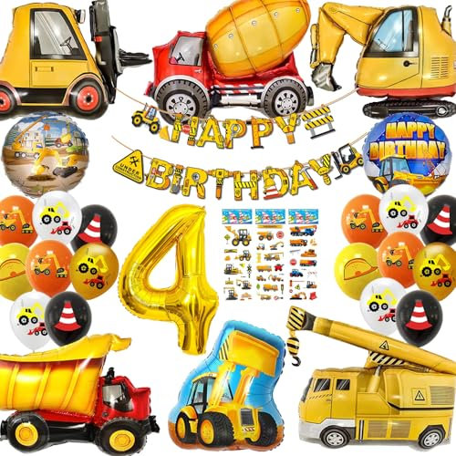 Funnity Bagger Geburtstag Deko 4 Jahre, Baustelle Geburtstagsdeko für Jungen, Baufahrzeug Luftballons & Banner, Aluminiumfolienballons, Baustellen-Aufdruck, 1 stück