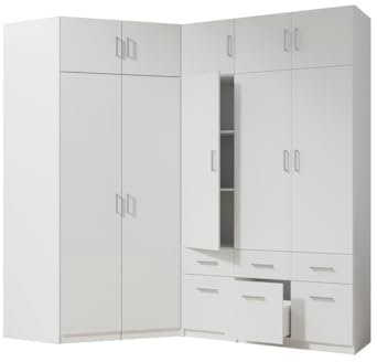 Vente-unique-Eckkleiderschrank mit 5 Türen & 6 Schubladen + Aufsatz - 254 cm - Weiß - BELOMY