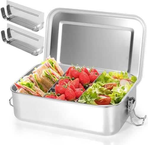 FoiiLiio Edelstahl Brotdose,Mit 2 Fächern,2400ml Lunchbox Brotdose aus Edelstahl,Brotzeitdose mit Trennwänd,Auslaufsichere Bento-Box aus Edelstahls,Brotdosen Metall für Erwachsene,23 x 16 x 7 cm