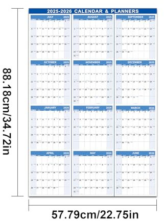 Trocken abwischbarer Kalender 2025–2026, 12-Monats-Planer, laminiert, (Juli 2025-Juni 2026), horizontal/vertikal zum Aufhängen für Zuhause, Schule und Büro, 200 g dickes Papier