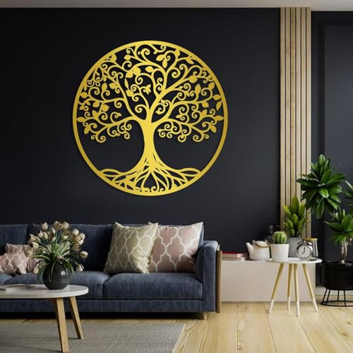 Metal Tree of Life Wall Art Outdoor Large Tree Metal Wall Decor Tree of Life Art Family Tree Nature Decoration for Bedroom Nursery Office Home Garden (Gold, 27.6x27.6 inch/70x70 cm, Framed)