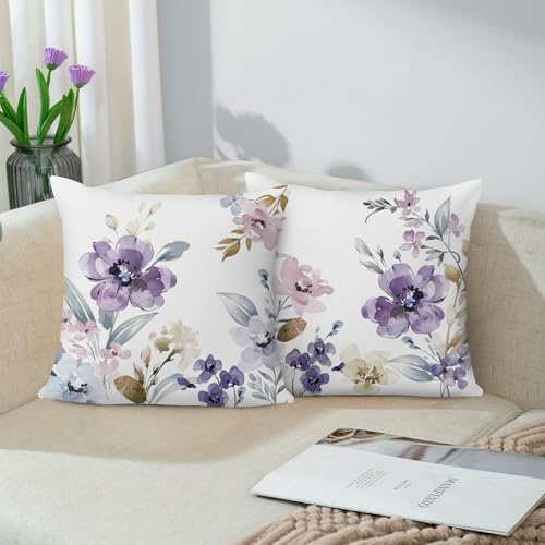 Bonhause Federe Per Cuscini Fiori Viola 45 x 45 cm Copricuscini Decorativi Acquerello Porpora Floreale Velluto Federa Cuscino Divano Letto Giardino Casa Primavera Decorazione Set di 2