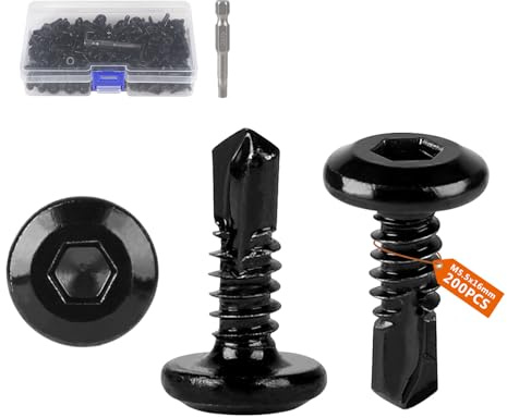 SUPAWAY 200 Pezzi Viti per lamiera M5,5 x 16 mm Viti a brugola in acciaio inox 410 autofilettanti, testa piatta, Viti a testa piatta con esagono incassato, Viti nere per metallo con 1 punta e scatola