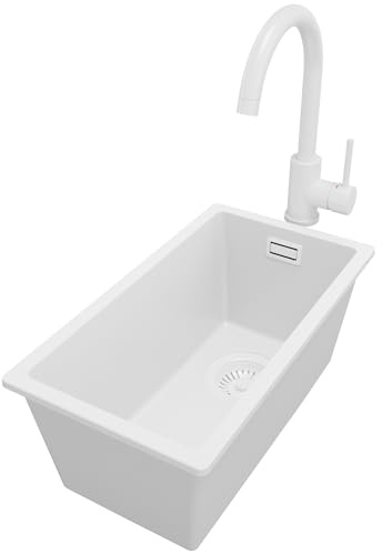 PRIMAGRAN Unterbauspüle ab 30er Unterschrank + Küchenarmatur, 26x47cm | Set: Küchenarmatur BW5010 + Ablauf-Set (Siphon, Ablaufgarnitur, Überlauf) + Spülbecken 1 Becken - London, Alles Weiß