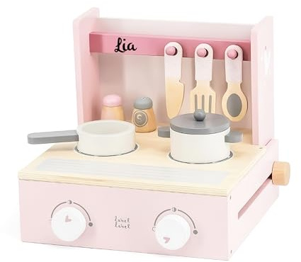 Personalisierbare Holz-Kinderküche klappbar Rosa – mit Zubehör & platzsparend – für Kinder ab 3 Jahren – mit Namen personalisiert – Label Label