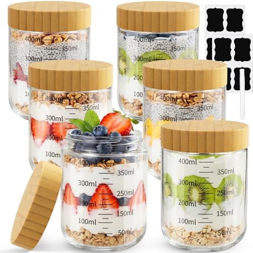 Otauoaea Lot de 6 Bocaux en Verre Gradué 470ml Overnight Oats Jar,Pot Yaourt Avoine en Verre avec Couvercles à Vis,Bocal en Verre Hermétique pour la Préparation des Repas,Yaourt,Céréales,Salade