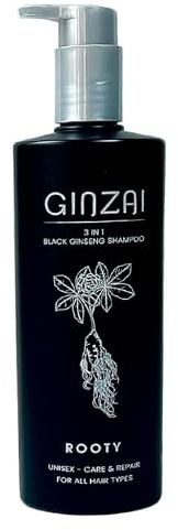Ginzai 3in1 Black Ginseng Shampoo 300ml - Für alle Haartypen, Sandelholz-Duft, Unisex, Mineralöl- und Parabenfrei, Dermatologisch getestet, Stärkt Haarwurzeln