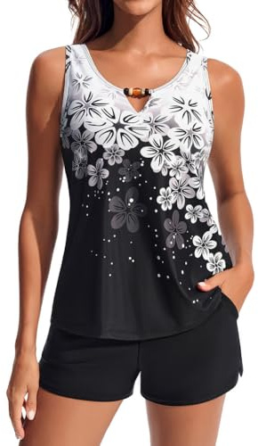 Hanna Nikole Conjunto de tankini de 2 piezas para mujer, trajes de baño modestos, cuello en V, blusón con bolsillos para pantalones cortos deportivos, traje de baño para mujer, 2 piezas