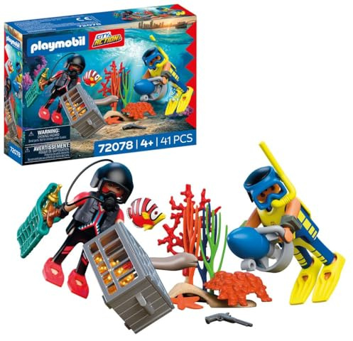 Playmobil City Action Plongeur de Police avec trésor, 2 Figurines Plus Scooter sous-Marin et créatures Marines, Stimule la créativité, Jouet pour Enfants à partir de 4 Ans, 72078