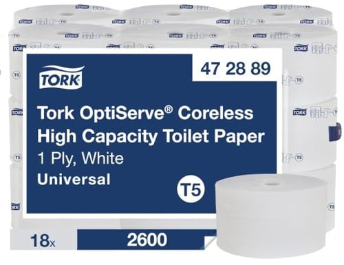 Tork OptiServe 472889 Lot de 18 x 2600 feuilles de papier toilette universel sans noyau Blanc T5 1 épaisseur