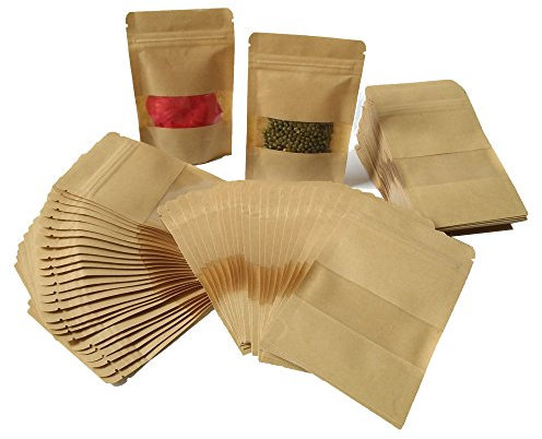100pcs 9 * 14cm Pochette Sac Sachets Zip en Papier Kraft à Fenêtre Mini Paquet Biodégradable Enveloppe pour Semences Bonbons Graines Cadeau Bijoux (9 * 14cm 100pcs marron)