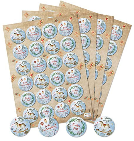 Logbuch-Verlag 96 Weihnachten Aufkleber selbstklebend blau hygge - Frohes Fest Zweige Schaukelpferd Etiketten Ø 4 cm