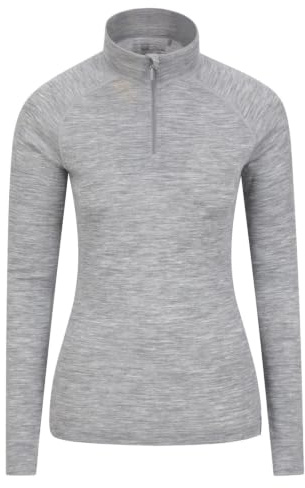 Mountain Warehouse Merino Womens Thermal Baselayer Top - Long Sleeves Ladies T-Shirt, Zip Neck Top, Lightweight, Easy Care Tee - Spring Summer, Travel, Outdoors Light Grey Women's Size 12
